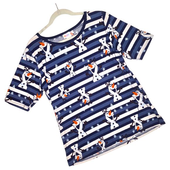LuLaRoe Gigi T 2XL Disney Frozen Olaf Blue White Striped Winter Snowflake Tee - Picture 1 of 8